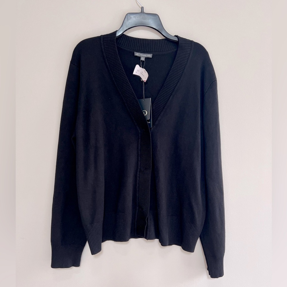 NWT Adrianna Papell Hidden Snap Button Down Cardigan Sweater in Black, size XL